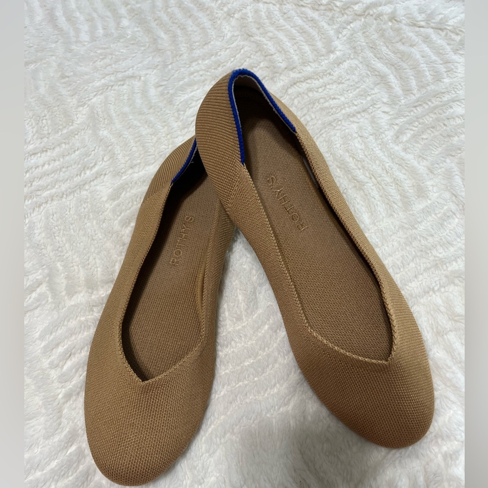 Rothy's Tan Knit Ballet Flats with Blue Trim